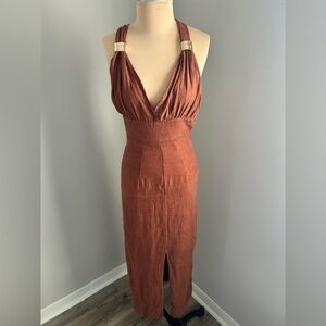 Zara Terracotta Brown 100% Linen Halter Midi Dress with Gold buckles